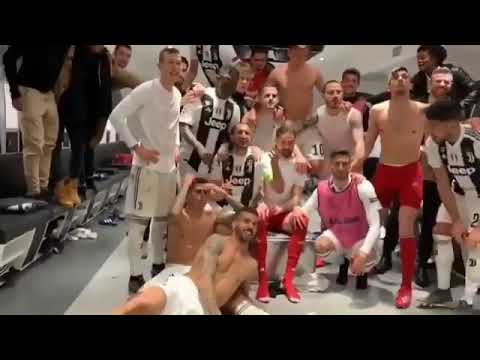 Juventus players and cristiano celebrating in dressing room after win vs  At Madrid